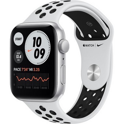 Умные часы Apple Watch Nike SE, 44 мм, корпус из алюминия серебристого цвета, спортивный ремешок Nike цвета «чистая платина/чёрный» MYYH2 - фото 12051