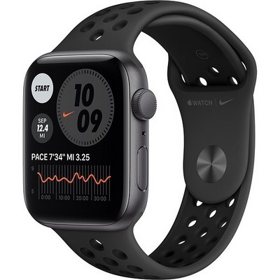 Умные часы Apple Watch Nike SE, 44 мм, корпус из алюминия цвета «серый космос», спортивный ремешок Nike цвета «антрацитовый/чёрный» MYYK2 - фото 12055