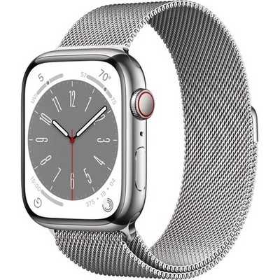 Умные часы Apple Watch Series 8, 45 мм, корпус из нержавеющей стали, миланский сетчатый браслет, серебро ML783 - фото 12171