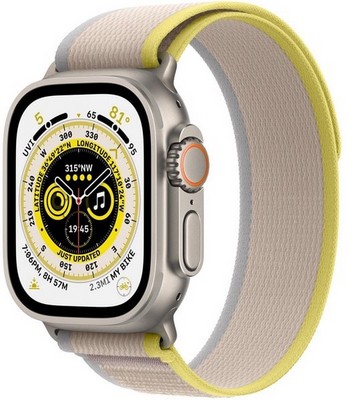 Умные часы Apple Watch Ultra 49 мм Titanium Case Cellular, титановый/желто-бежевый Trail Loop (Size S/M) - фото 6095